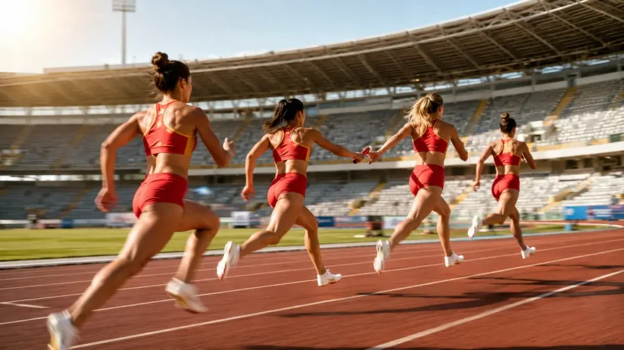 Representative AI sports visual showing four female sprinters exchanging a relay baton on track