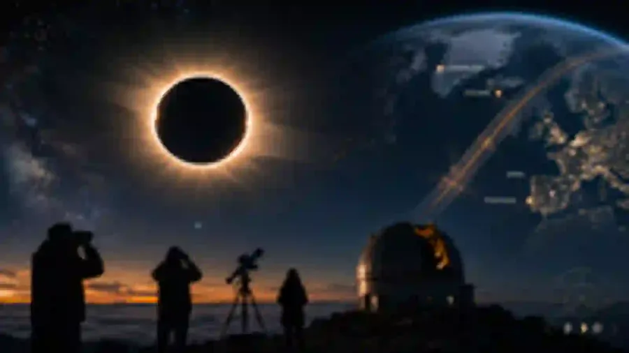 Editorial image showing a total solar eclipse, observers, an observatory and the European path map