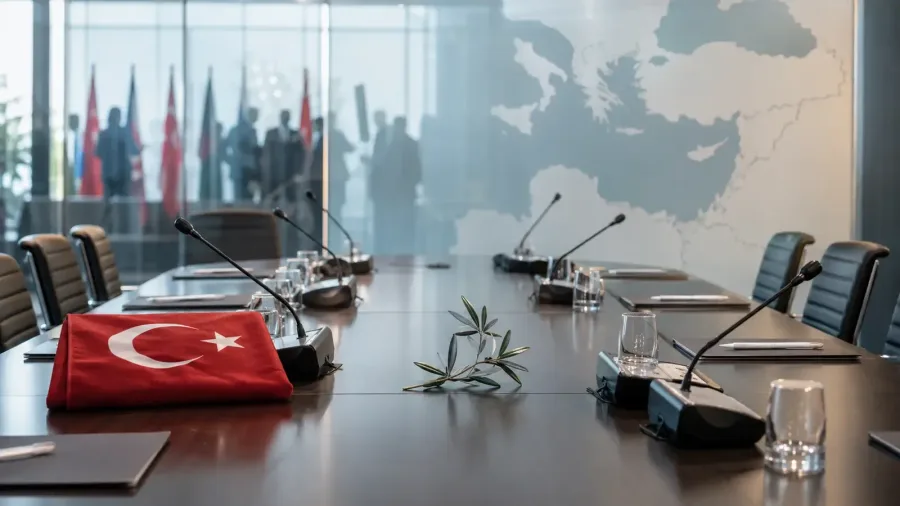Gazze yol haritasına ilişkin diplomatik görüşmeleri temsil eden konferans masası ve Türk bayrağı