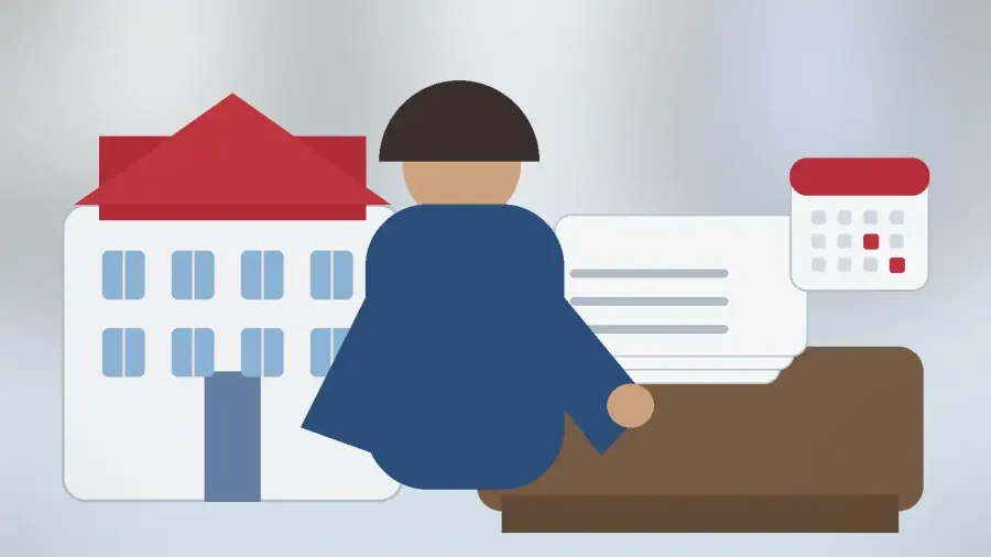 Editorial illustration of a school, application documents and calendar representing Türkiye's revised interprovincial teacher relocation timetable
