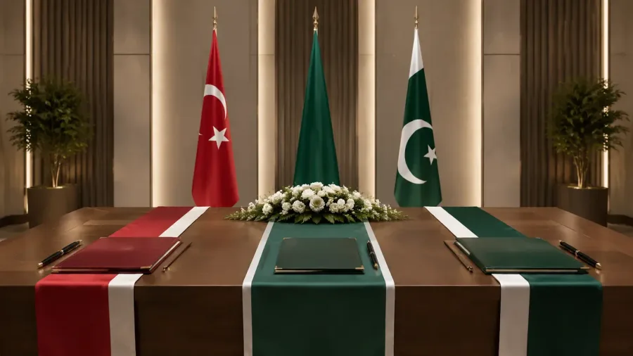 Three signing folders on a diplomatic table in the colors of Türkiye, Saudi Arabia and Pakistan