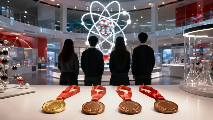 Editorial illustration of four students facing an atom model with one gold and three bronze medals on a table