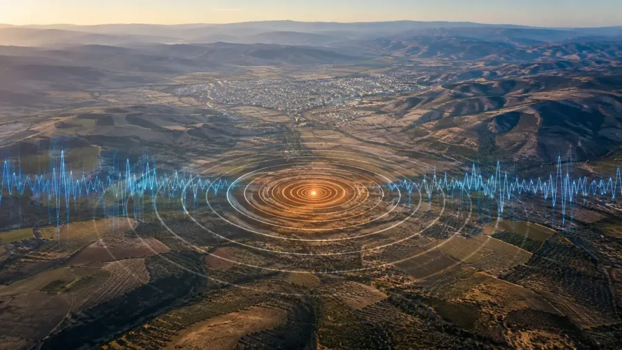 Original aerial editorial visualization of seismic waves near Nurdağı in Gaziantep, with calm terrain and a scientific waveform