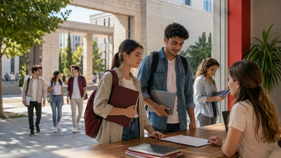 Students applying at a registration desk on a university campus
