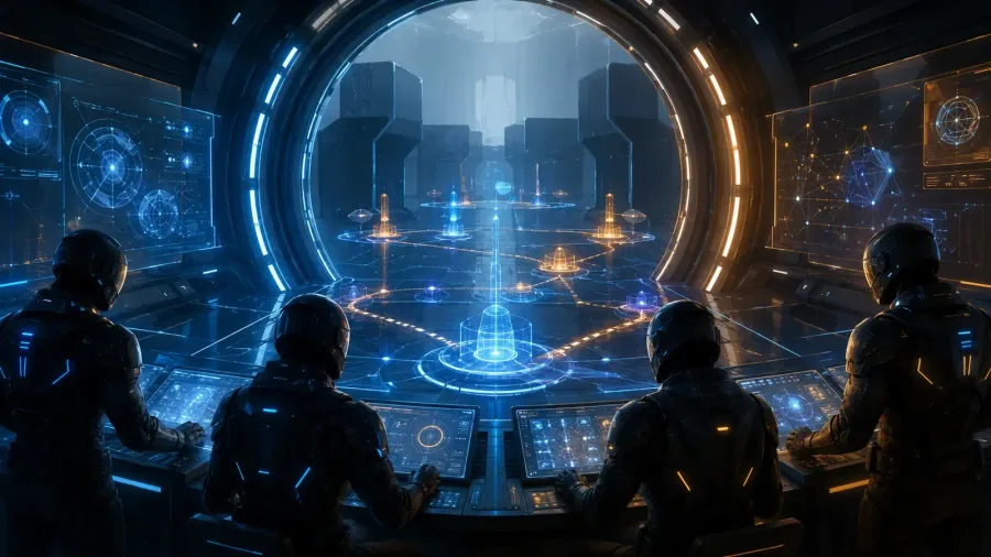 Four anonymous players in an abstract sci-fi multiplayer beta test center