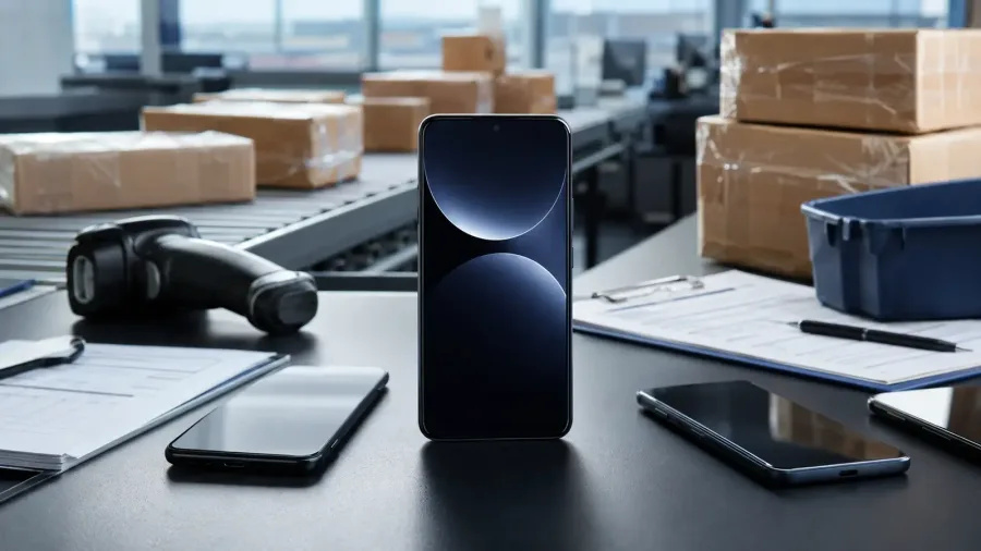 Unbranded smartphones and shipping boxes at a customs inspection desk