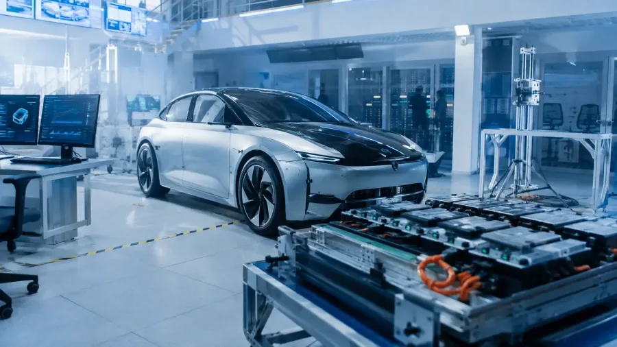 A zero-emission vehicle prototype and battery modules in a research laboratory