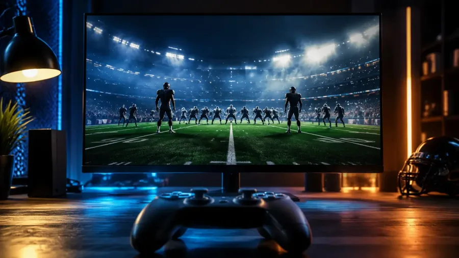 A night stadium on a gaming screen with an unbranded controller in the foreground