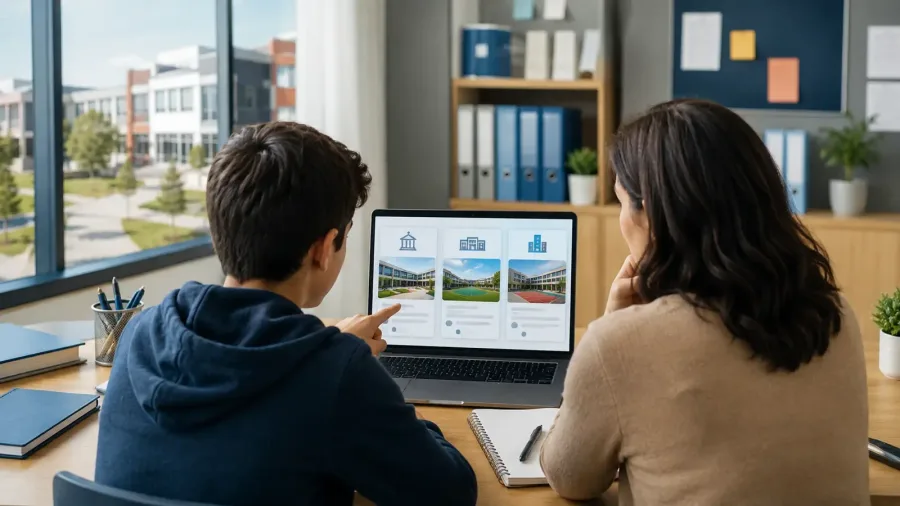 Student and parent reviewing school preferences on a laptop in a bright study setting