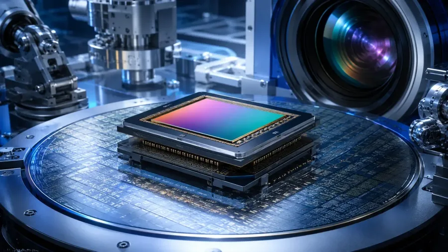 Next-generation image sensor chip on a silicon wafer in a precision semiconductor fabrication setting