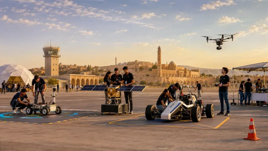 Student teams preparing ground robots, an electric vehicle and a civilian drone for technology competitions in Şanlıurfa