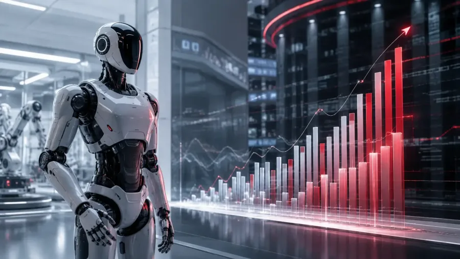 Şanghay silüeti ve yükselen piyasa sütunları önünde duran özgün insansı robot temsili.