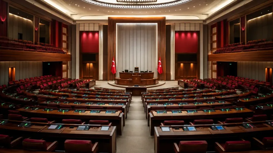 A neutral parliamentary chamber representation with electronic voting panels, warm wood and restrained red tones.