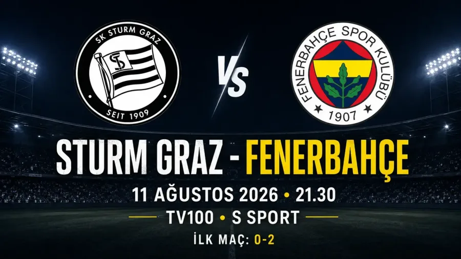 Sturm Graz ve Fenerbahçe armalarıyla 11 Ağustos 2026 saat 21.30, TV100 ve S Sport yayın bilgilerini gösteren maç grafiği