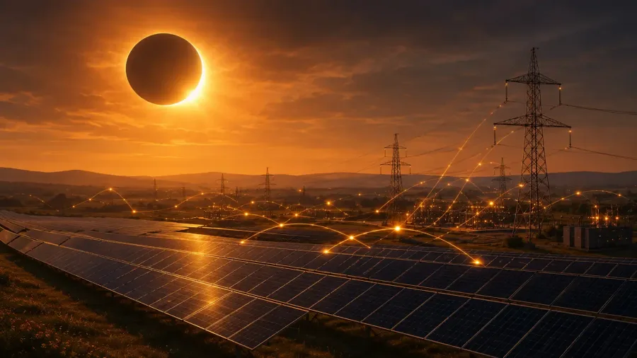 Solar panels and European power transmission lines beneath a solar eclipse