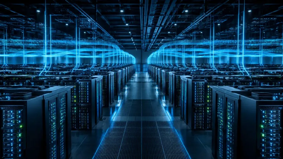 Original data-center visualization representing a large-scale AI inference server cluster connected by high-speed networks