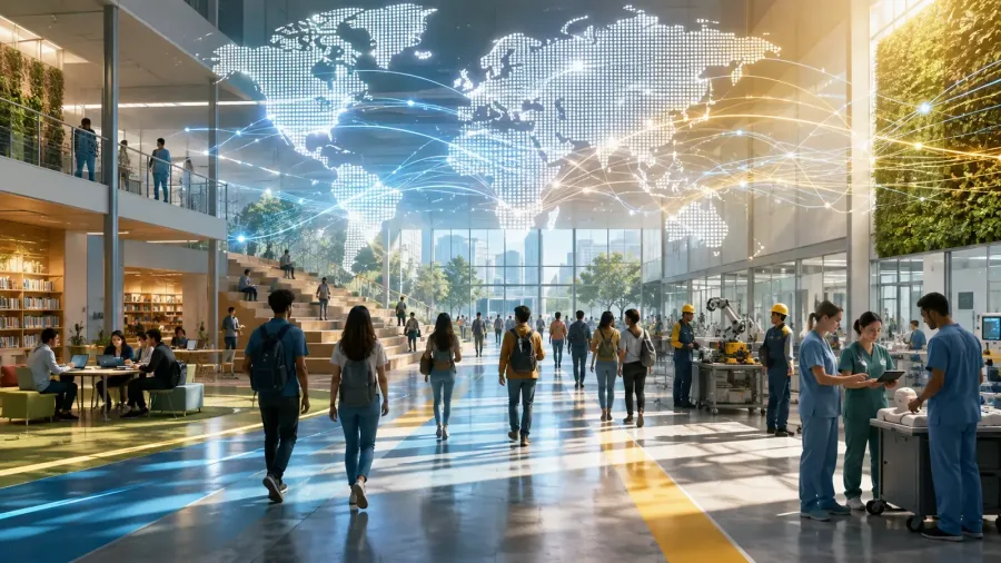 Original visualization representing global youth employment pathways across education, technology, healthcare and manufacturing