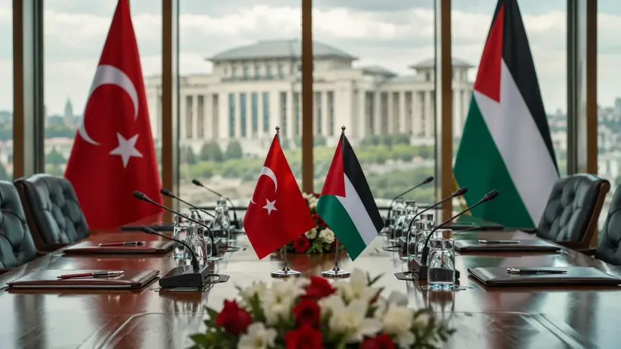 Diplomatic meeting table in Ankara with the flags of Türkiye and Palestine