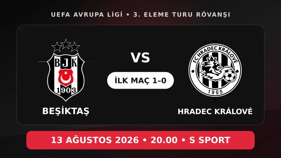 Second-leg fixture graphic with Beşiktaş and Hradec Králové crests, August 13, 2026, 20:00 and S Sport details