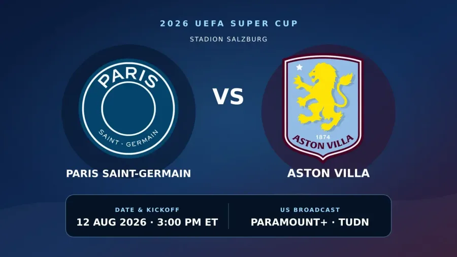 PSG ve Aston Villa armalarıyla 12 Ağustos 2026, 15.00 ET ve ABD yayın bilgilerini gösteren UEFA Süper Kupa fikstür grafiği