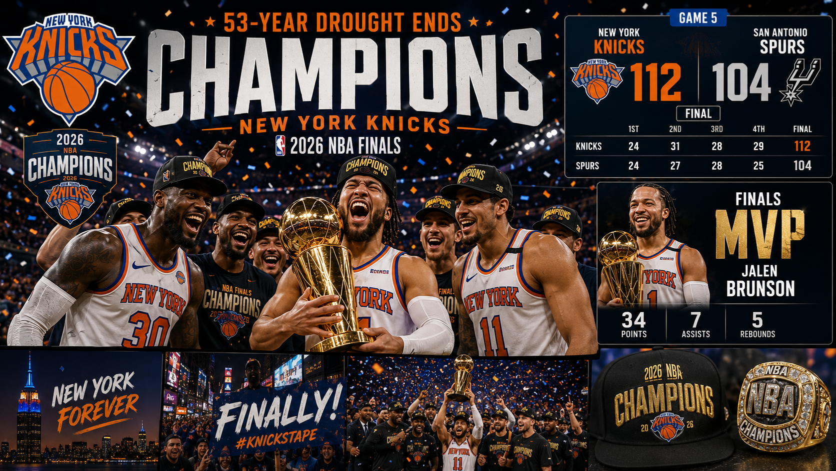 NY Knicks Top Spurs in Game 5 to Win First NBA Championship in 53 Years